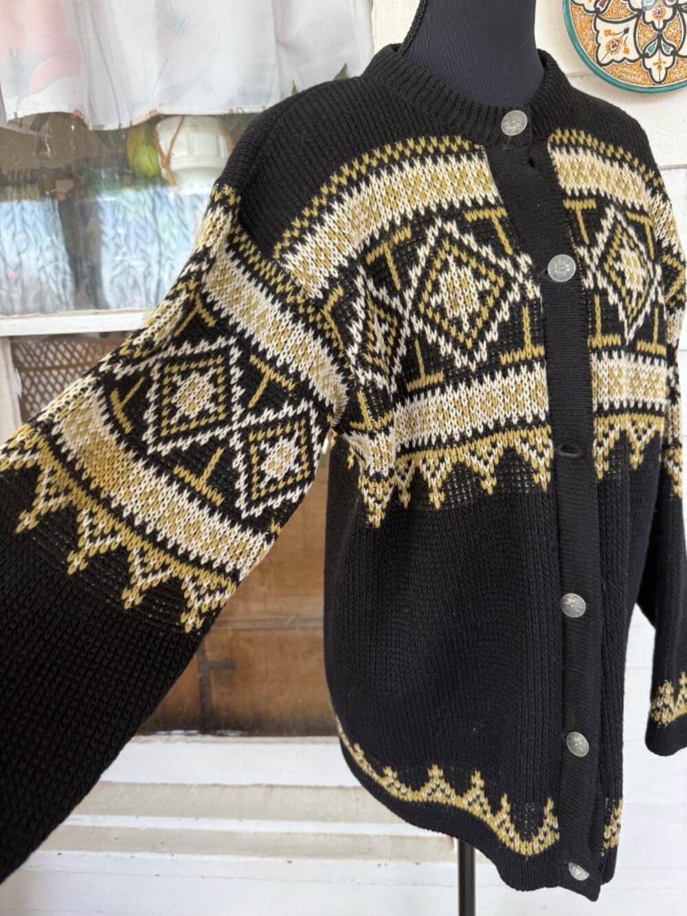 Vintage 50s Womens Nordstrikk Norway Cardigan Black Tan Size L - Picture 11 of 14
